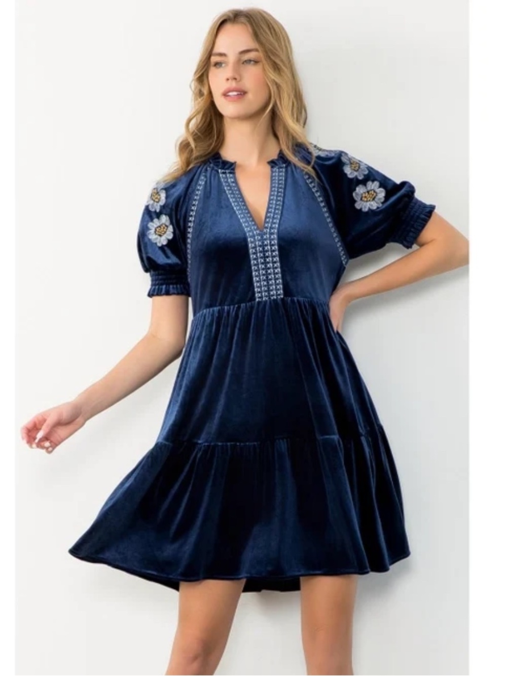 THML Women's Floral Embroidered Sleeve Mini Velvet Dress Size S